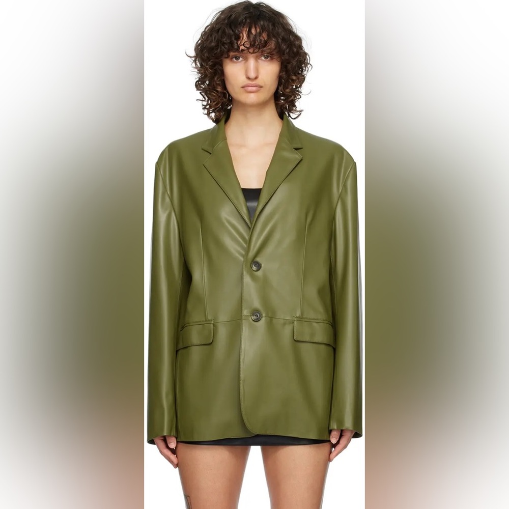 THE FRANKIE SHOP Green Olympia Faux-Leather Blazer - Bright Olive - Size M/L